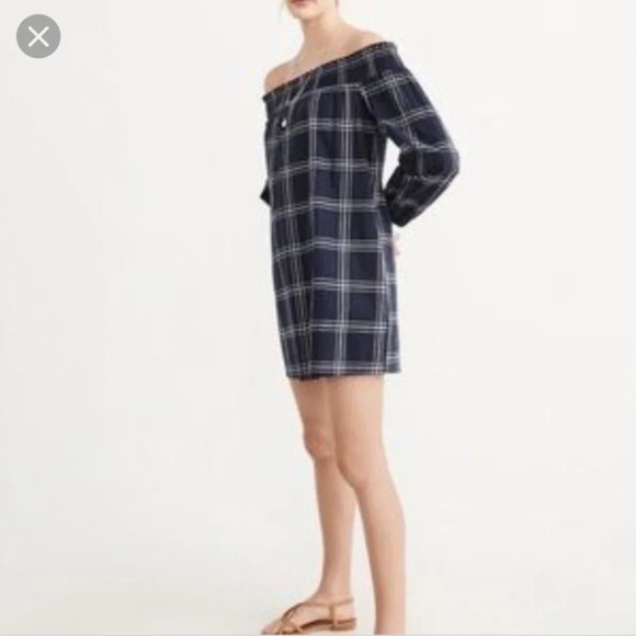 Abercrombie & Fitch Windowpane Off Shoulder plaid Dress Blue-White, 33816 - Picture 1 of 11
